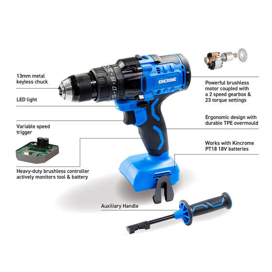 Kincrome PT18 18V Brushless Hammer Drill Skin, , scaau_hi-res