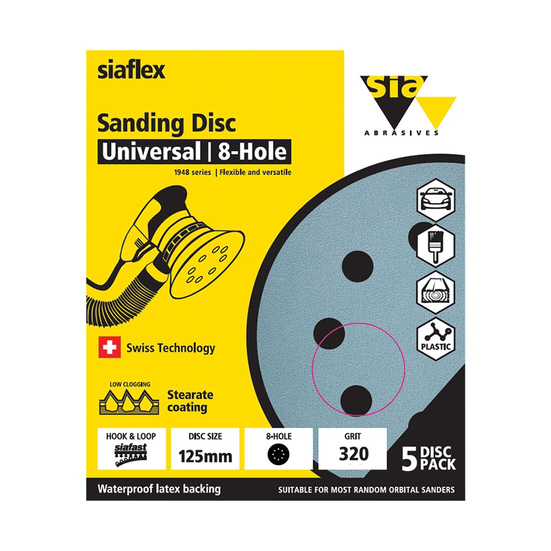 SIA Abrasives 125mm Wet & Dry Sanding Disc, 1948 Series, 8 Hole, 320 Grit, 5 Pack, , scaau_hi-res