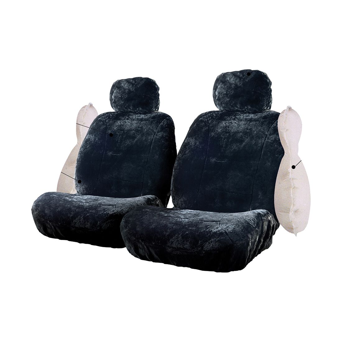 Silver CLOUDLUX Sheepskin Seat Covers - Black Adjustable Headrests Size 30 Airbag Compatible, , scaau_hi-res