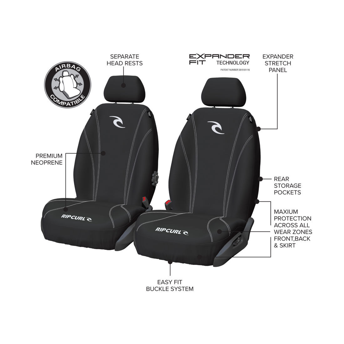 Rip Curl Logo Neoprene Seat Covers White/Black Adjustable Headrests Airbag Compatible, , scaau_hi-res