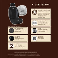 R.M.Williams Suede Velour Seat Covers Black Adjustable Headrests Size 30 Front Pair Airbag Compatible, , scaau_hi-res