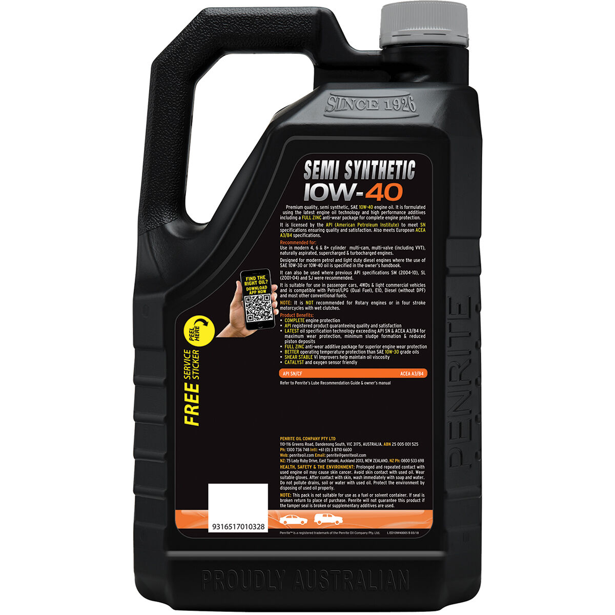 Penrite Semi Synthetic Engine Oil - 10W-40 5 Litre, , scaau_hi-res