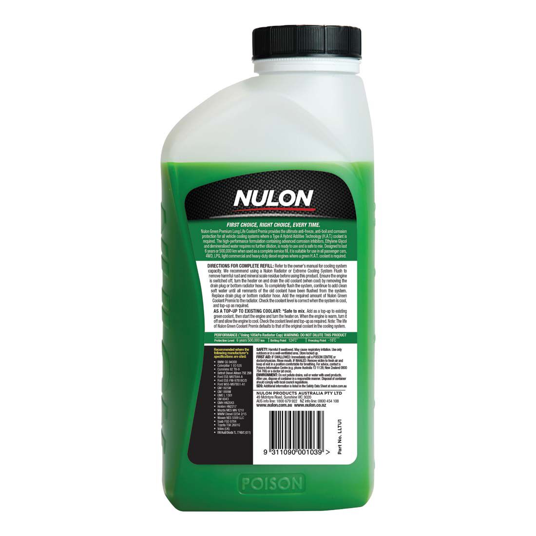 Nulon Green Long Life Anti-Freeze/Anti-Boil Coolant Premix - 1 Litre, , scaau_hi-res
