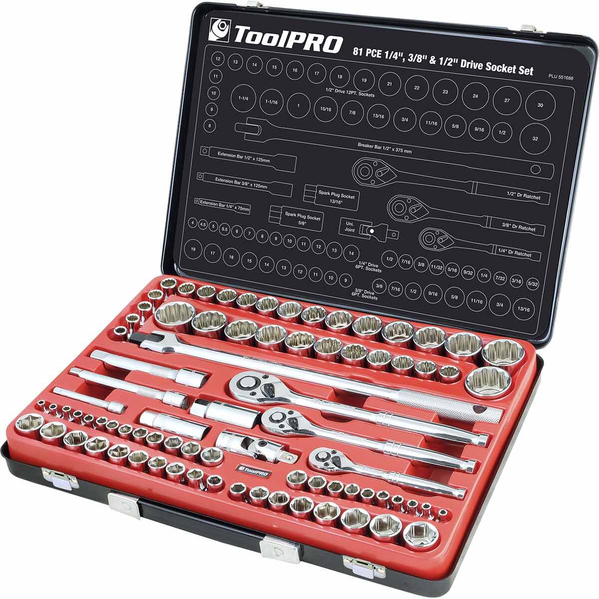 ToolPRO Socket Set 1/4", 3/8" and 1/2" Drive, Metric & Imperial, 81