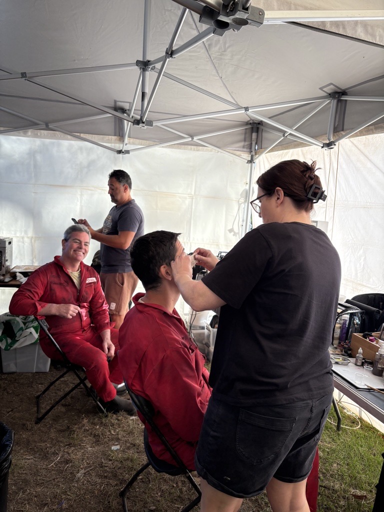 Robert and Craig Lowndes being zombified in the makeup chair